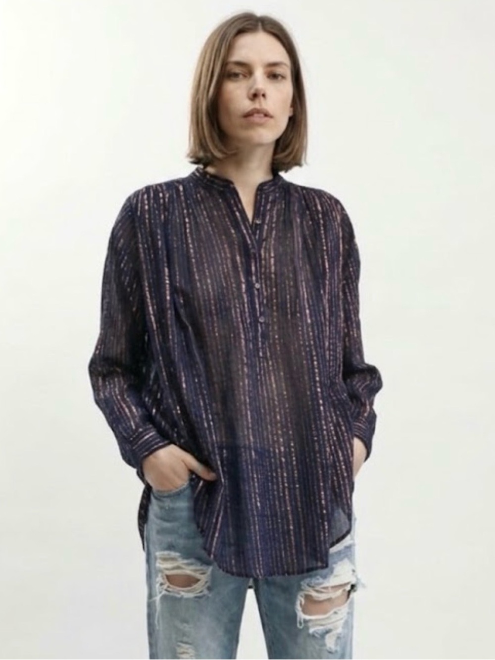 Ulla Johnson Navy Blue & Copper Metallic Stripe Button-Front Blouse Sheer Size 4